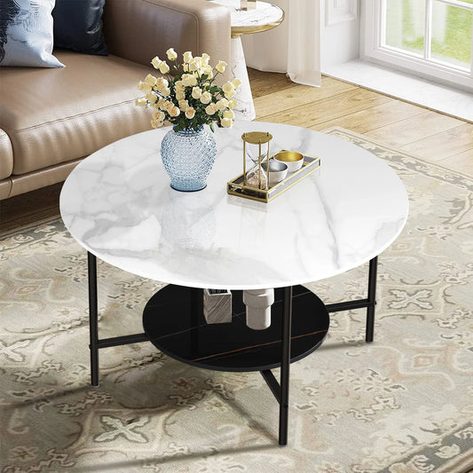 Round Marble Coffee Table Two Tier Open Storage Living Room