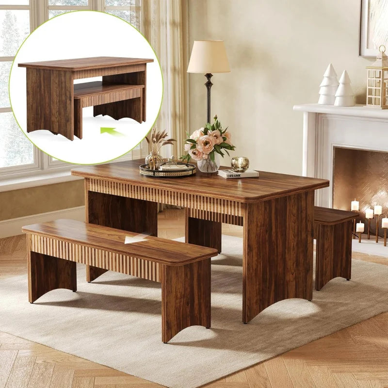 Farmhouse Dining Table Set With Benches For Family Rooms