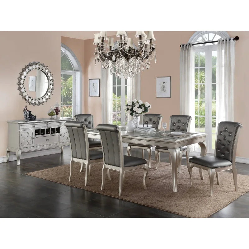 Modern Glass Top Dining Table Set With Six Tufted Chairs