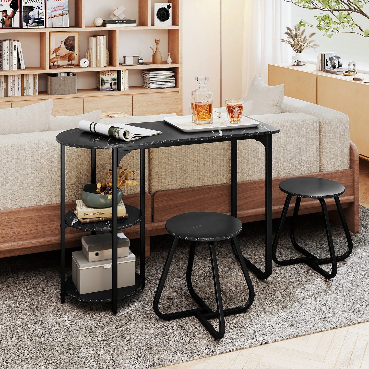 HOMASIS Rectangular Kitchen Table Set With 2 Stools