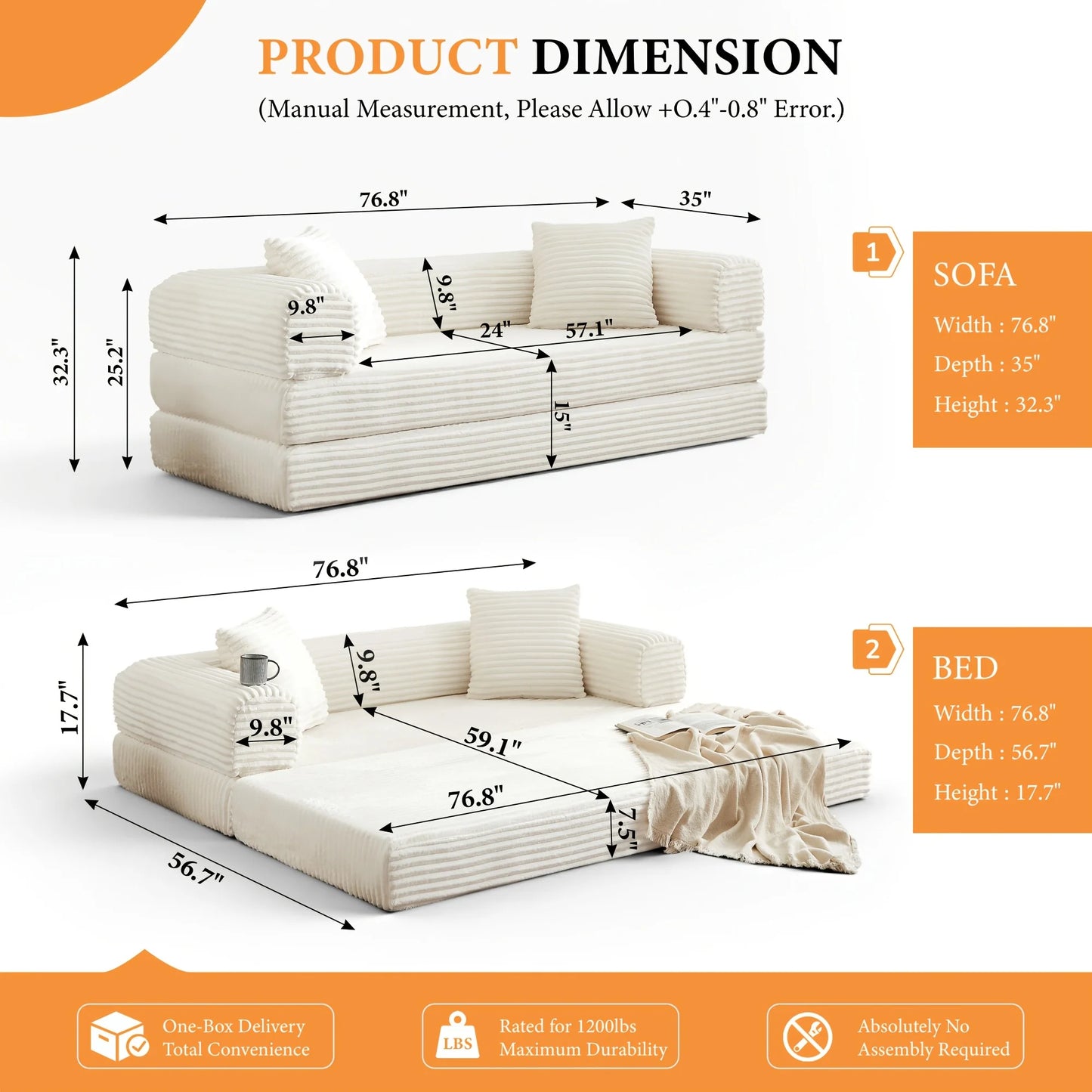 PIYRQ Sofa Bed Boneless Couch With Pull Out Sleeper And Corduroy Upholstery