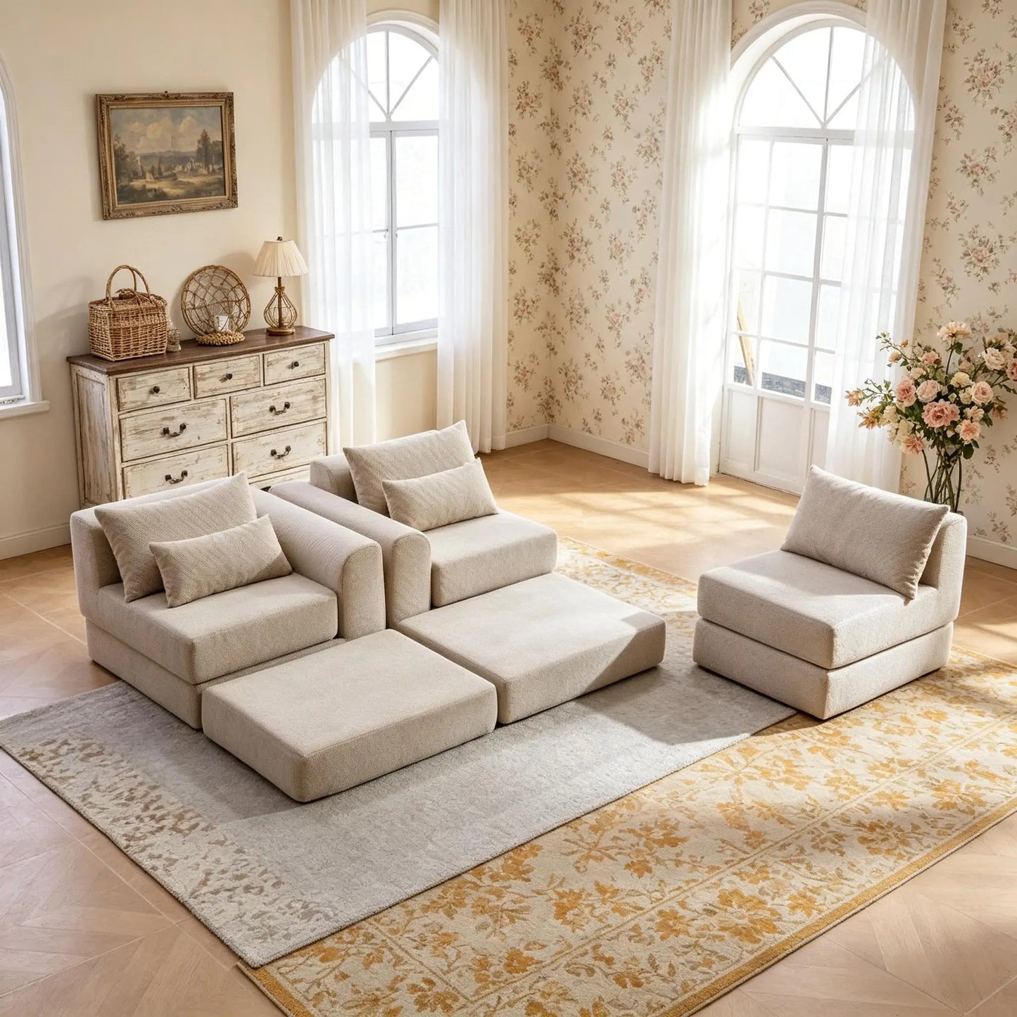 Modular L Shaped Upholstered Sectional Sofa With Five Pillows