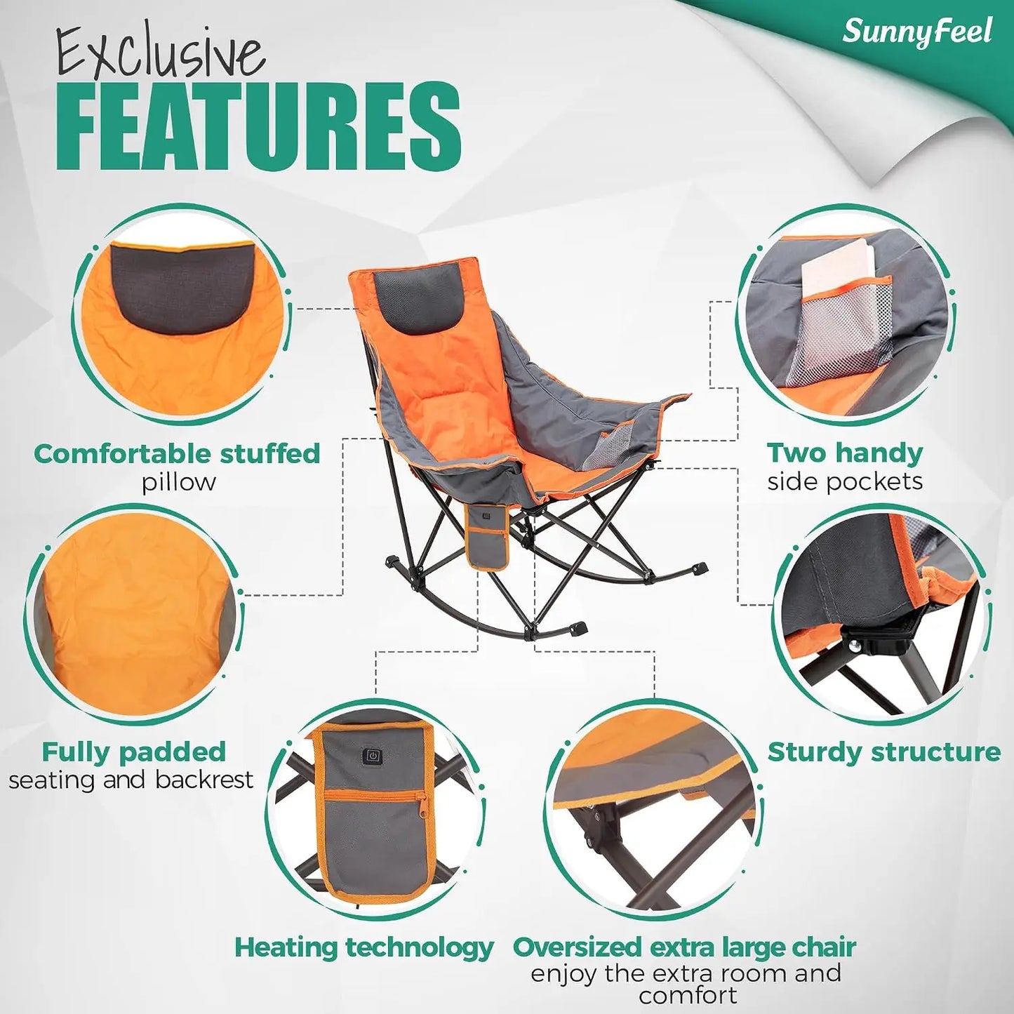 Oversized Heated Rocking Camping Chair With Side Pocket