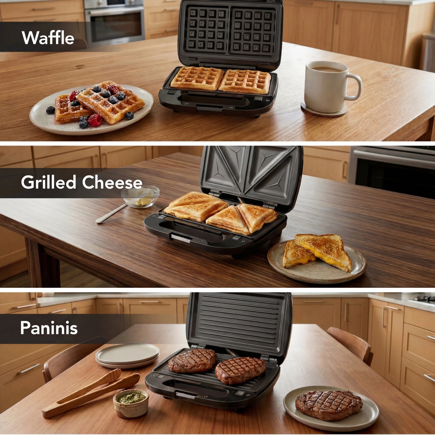 CACHOO Three In One Sandwich Maker Panini Press Waffle Iron