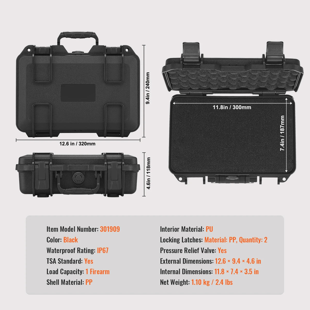 Succebuy Waterproof Hard Pistol Case With PU Foam Lining