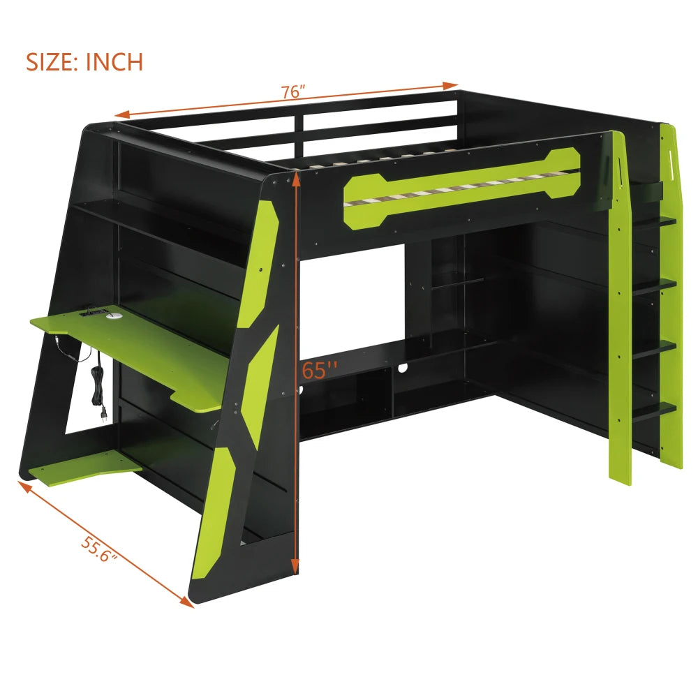 Solid Wood Loft Bed With Desk And Multi Storage Shelves
