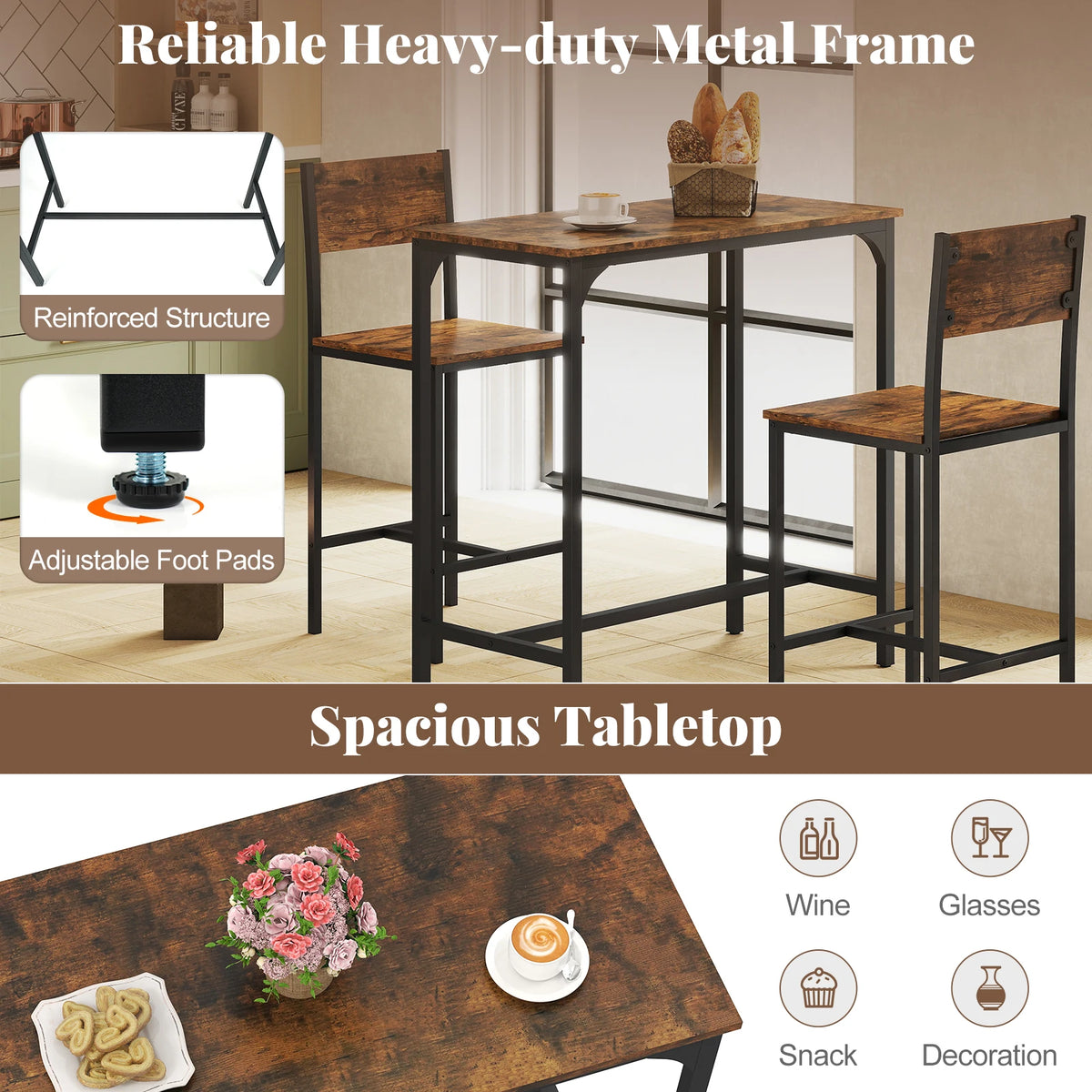 HOMASIS Kitchen Bar Table Set With Two Matching Stools