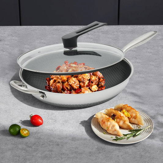 Stainless Steel Wok Pan With Lid And Handle Nonstick Double Sided Honeycomb