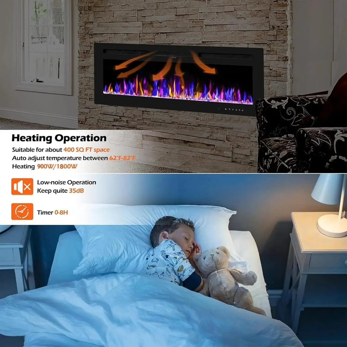 Acekool Wall Mounted Electric Fireplace With 3D Flame Effects Remote Control