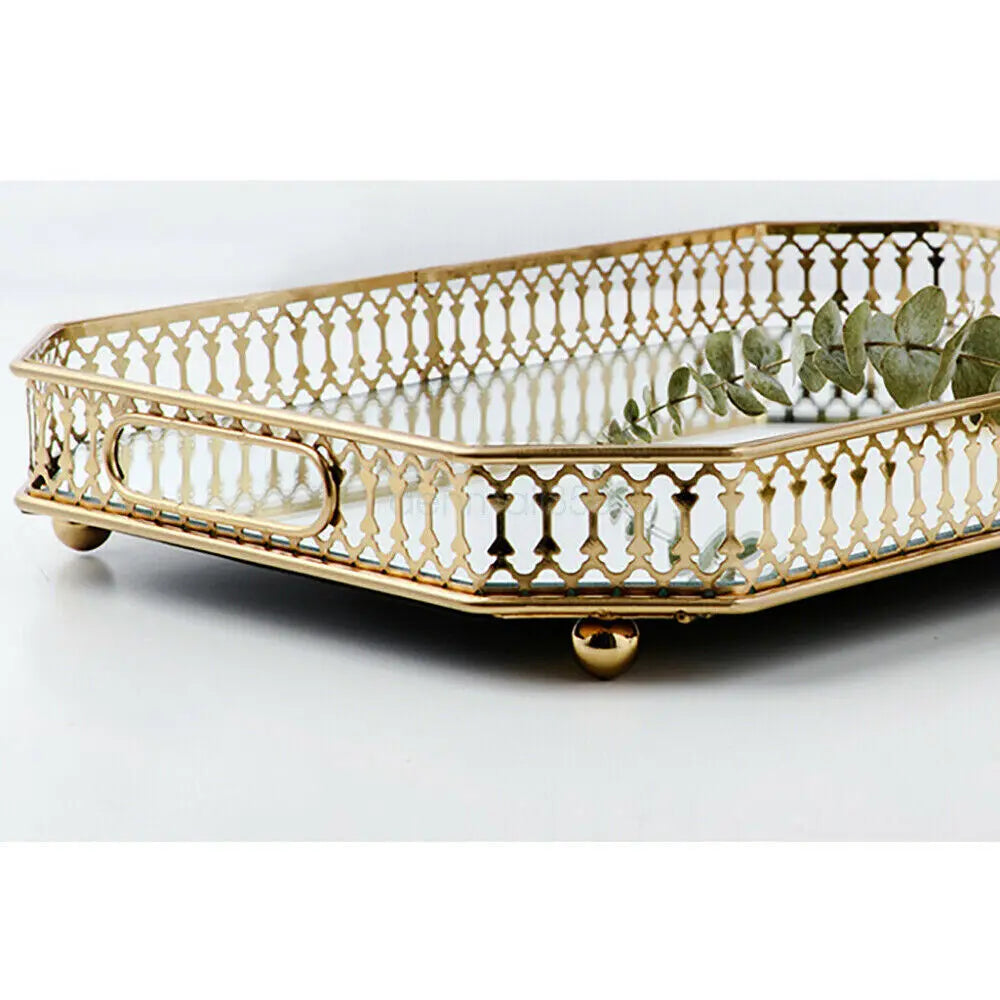 Vintage Metal Mirrored Vanity Tray For Makeup And Jewelry Storage