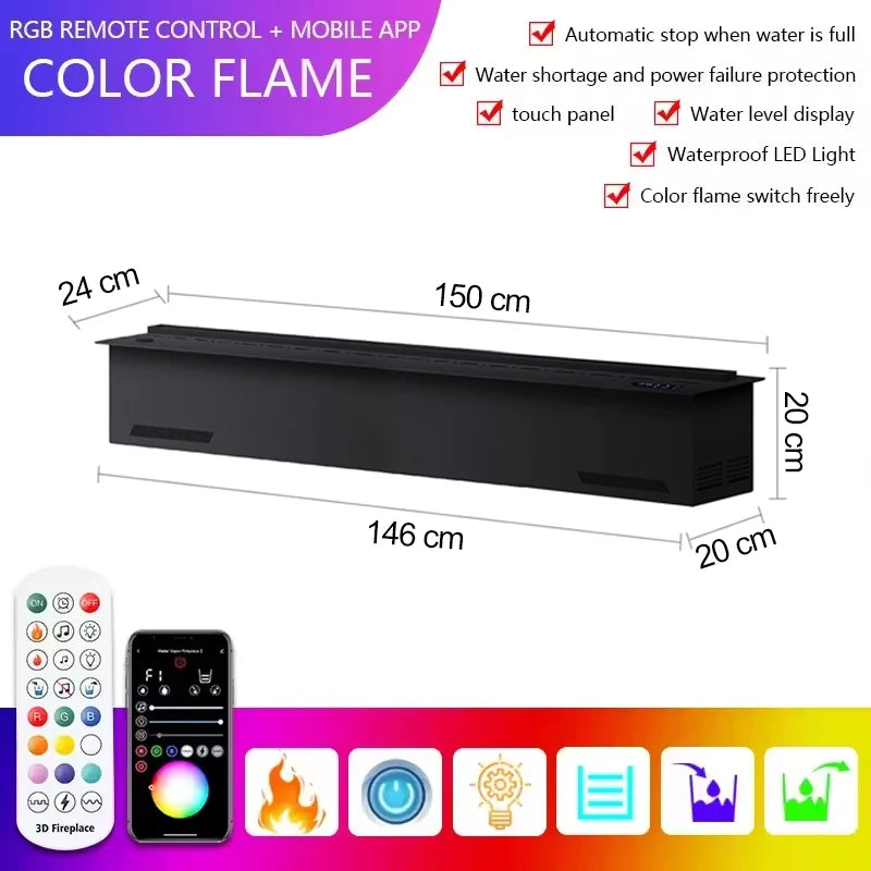 AFLYEVER Realistic 3D Multicolor Flame Electric Steam Fireplace with Tuya App
