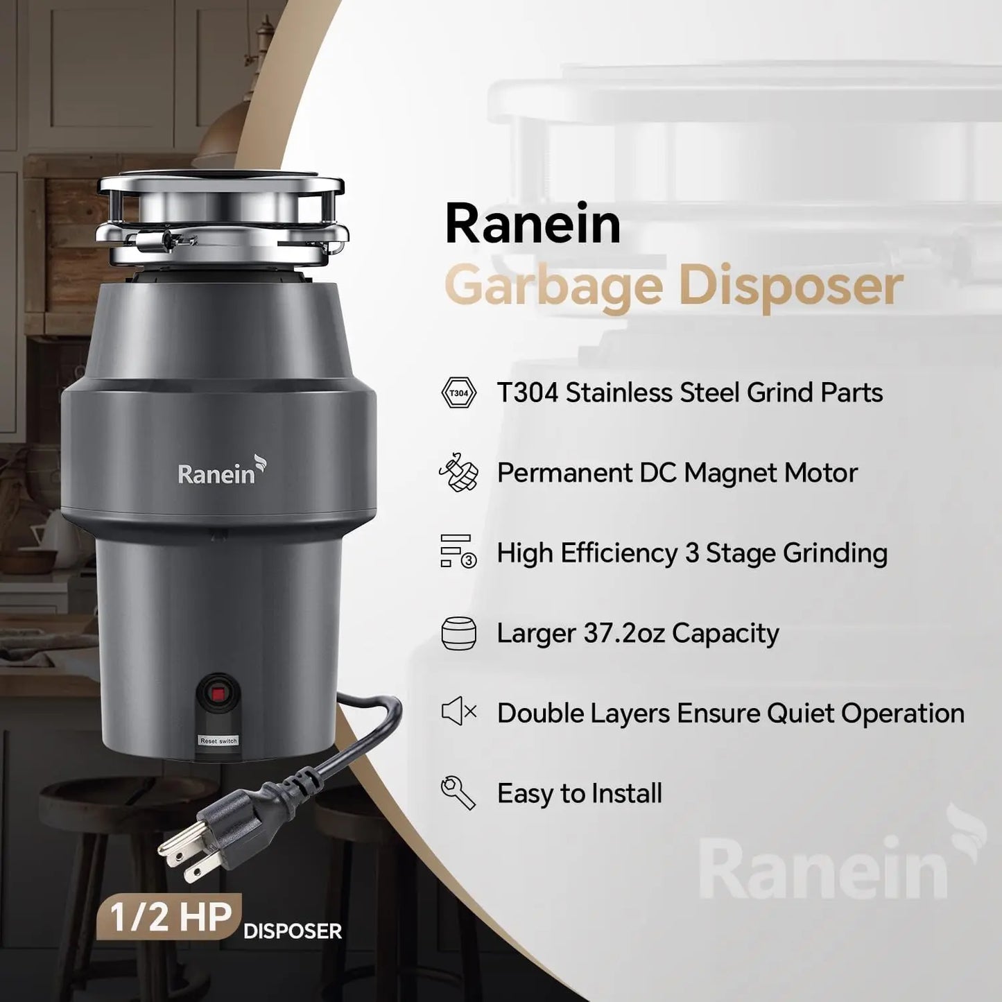XMSJ Half HP Garbage Disposal With Cord Stainless Steel Grinding