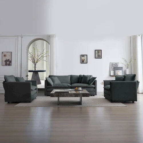 Modern Three Piece Sofa Set With Armchairs And Pillows