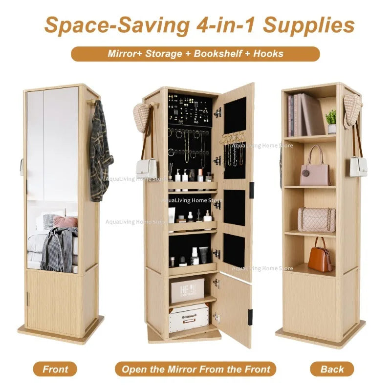Rotating Jewelry Cabinet Full Length Mirror With Shelves And Storage