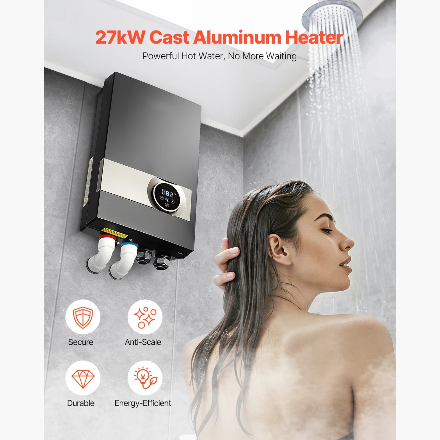 SucceBuy Tankless Electric Water Heater 27kW Under Sink LCD Touch Screen