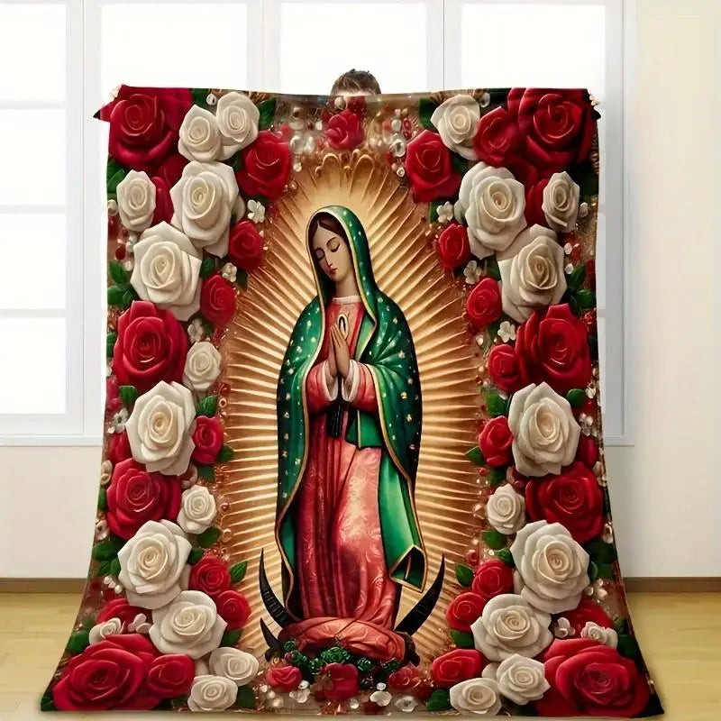 Virgin Mary With Roses Flannel Throw Blanket Our Lady Of Guadalupe Design