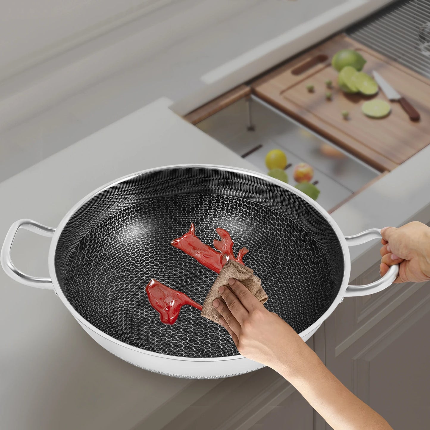 Stainless Steel Nonstick Wok Pan With Tempered Glass Lid For Open Flame