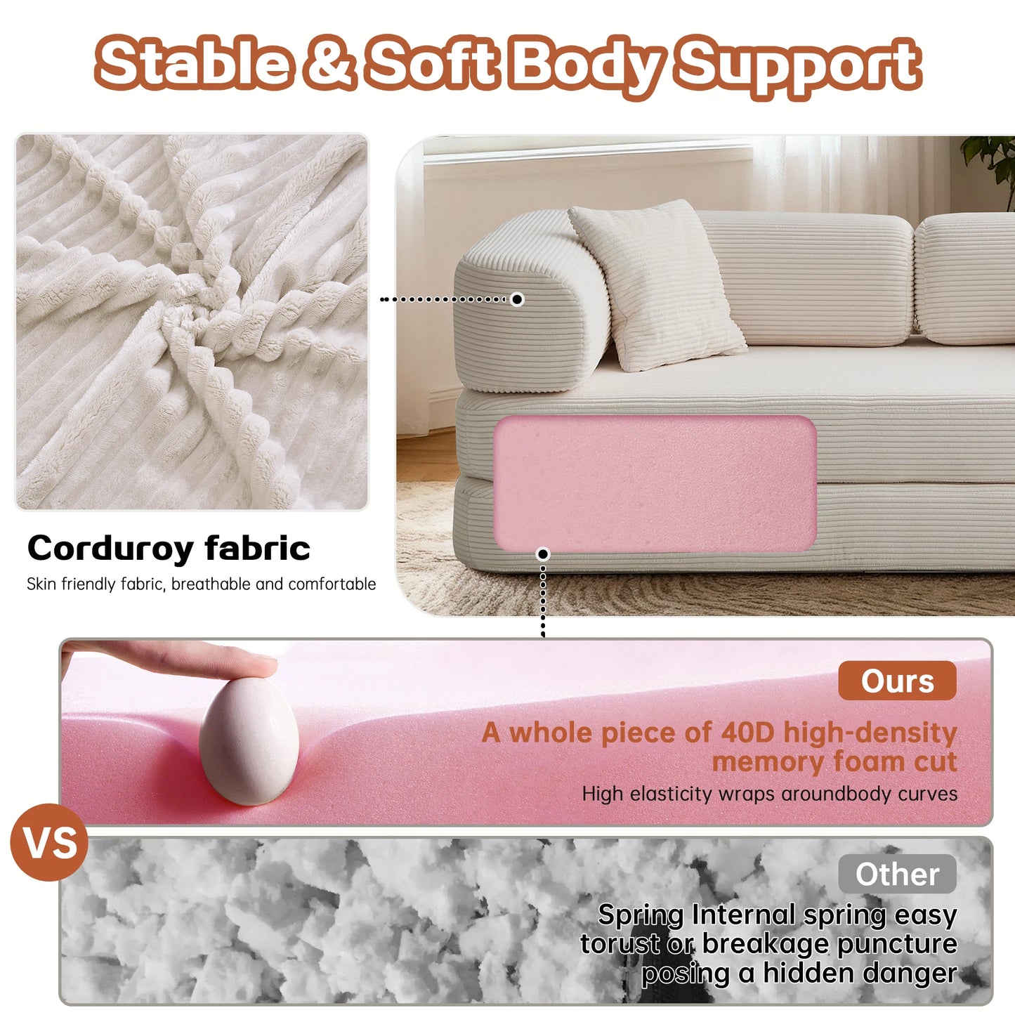 Futon Sofa Bed Convertible Corduroy Couch With L Shaped Armrests For Living Room