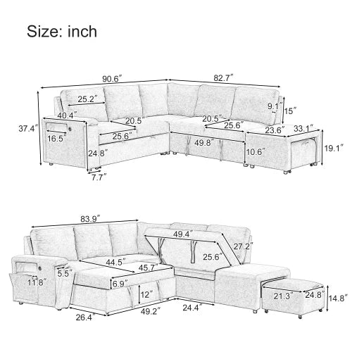 L-Shaped Padded Modular Sofa With Storage USB Ports Cup Holders