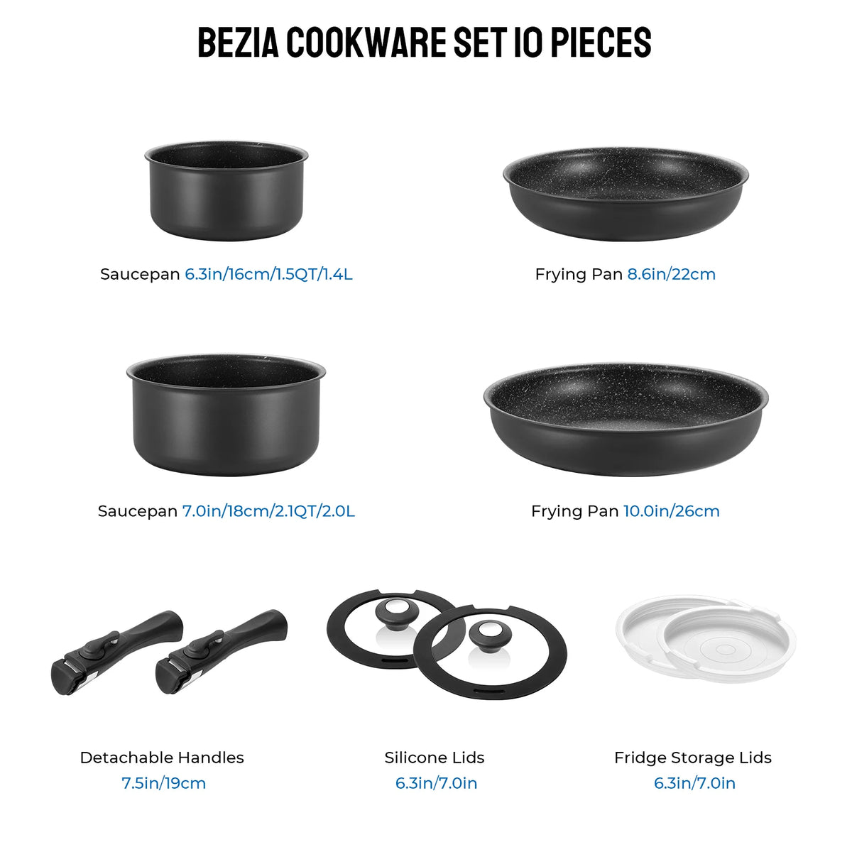 Induction Nonstick Cookware Set with Removable Handles and Stackable Design