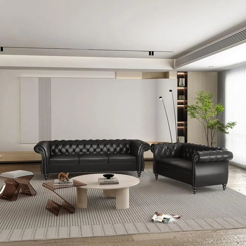 Chesterfield Leather Sofa And Loveseat Two Piece Living Room Set