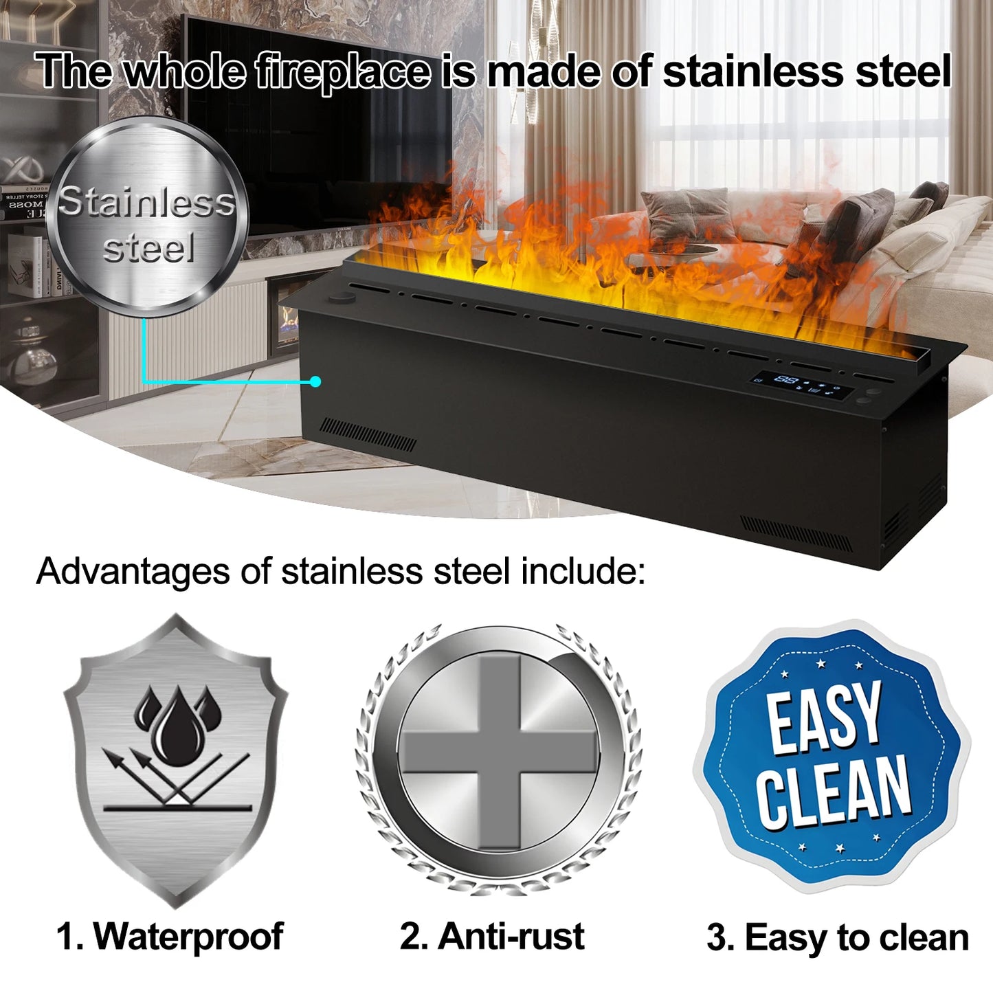 AFLYEVER Realistic 3D Multicolor Flame Electric Steam Fireplace with Tuya App