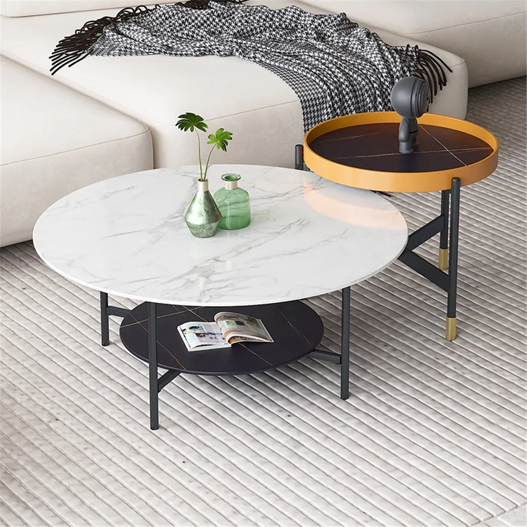 Round Marble Coffee Table Two Tier Open Storage Living Room