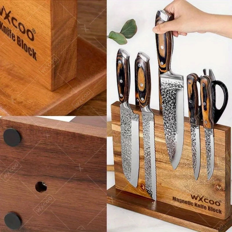 WXCOO Magnetic Knife Holder Rack Kitchen Double Sided Wooden Organizer