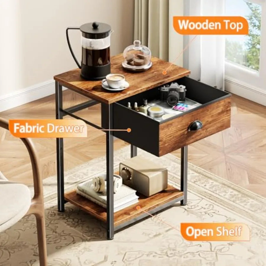 Retro Nightstand Set With Fabric Drawer And Storage Shelf