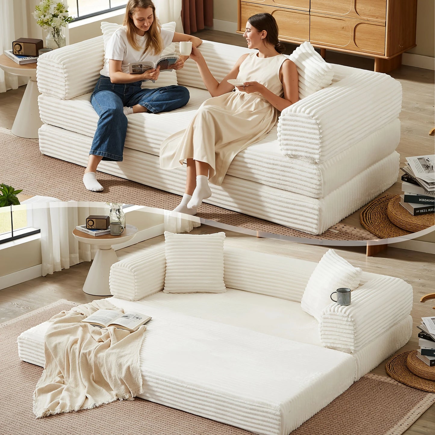 PIYRQ Sofa Bed Boneless Couch With Pull Out Sleeper And Corduroy Upholstery