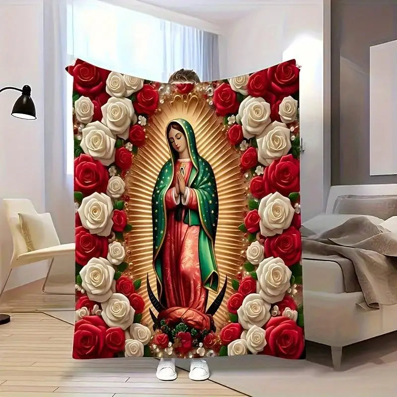 Virgin Mary With Roses Flannel Throw Blanket Our Lady Of Guadalupe Design