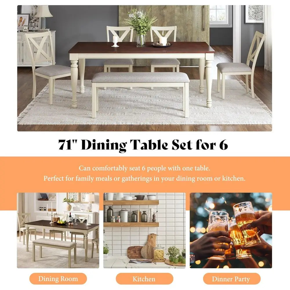 Ticify 6-Piece Armhouse Dining Table Set With Solid Rubberwood Legs