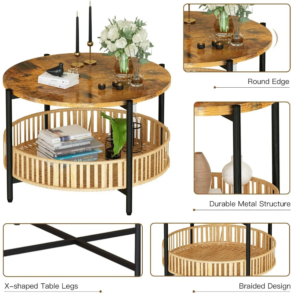 Rattan 3-Piece Coffee Table Set With Two-Tier Round Frame
