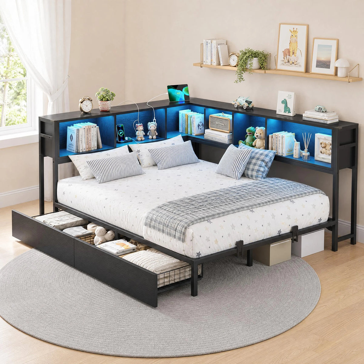 HiMISS Corner Bed Frame, Bookcase Headboard, LED Lights, Charging Station