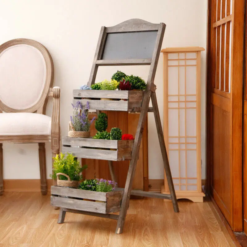 Folding Ladder 3 Tier Plant Stand Flower Pot Holder Chalkboard