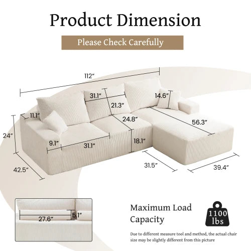 Modern Corduroy Cloud Sectional Sofa Bed With Deep Seat Cushions