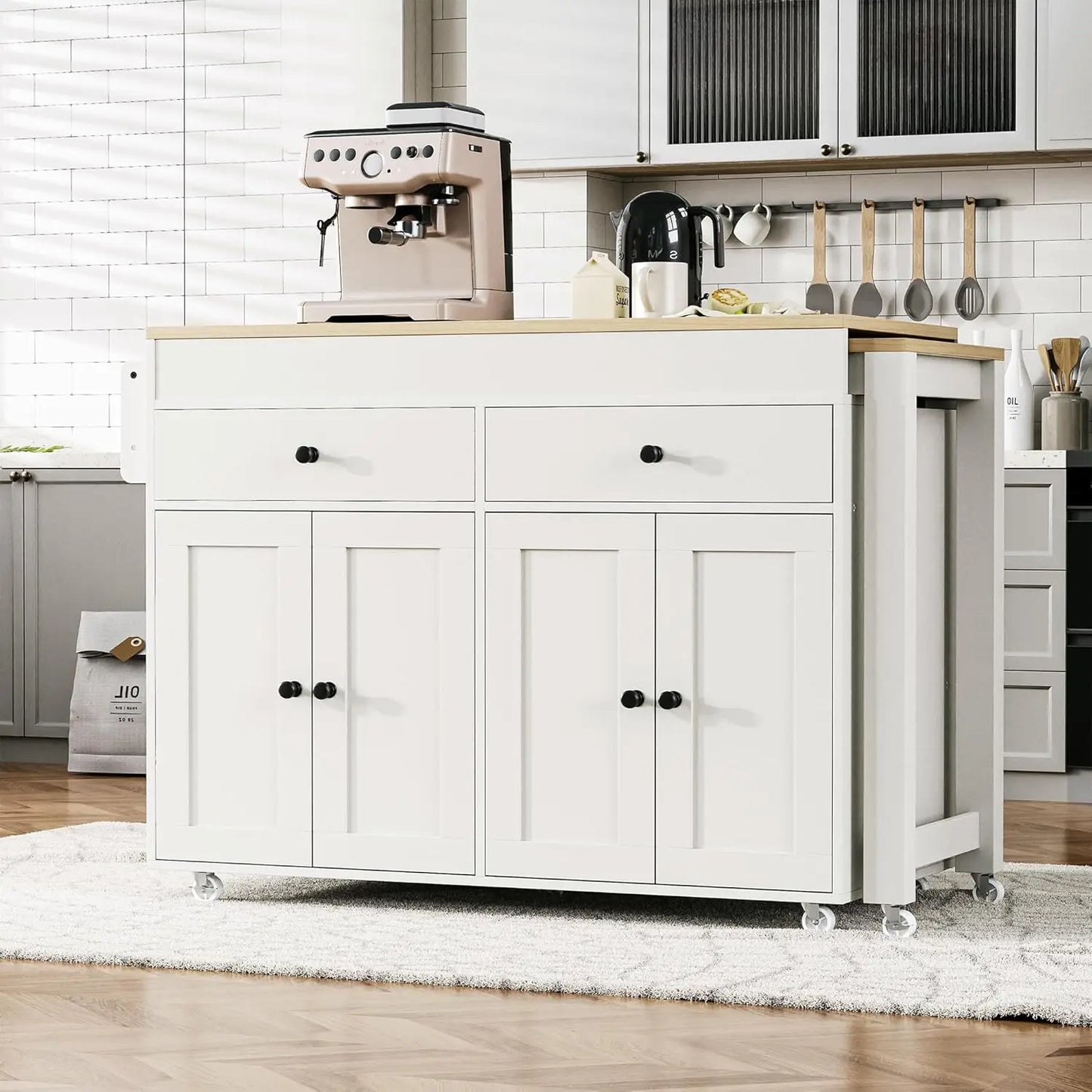 Extendable Kitchen Island With Rolling Cart And Spice Rack