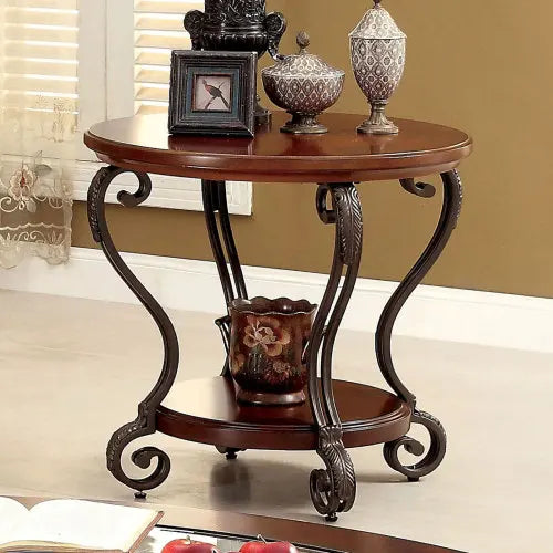 Traditional Brown Cherry End Table With Open Bottom Shelf And Ornate Scroll Legs
