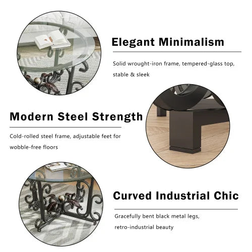 Three Piece Coffee Table Set With Tempered Glass Metal Frame
