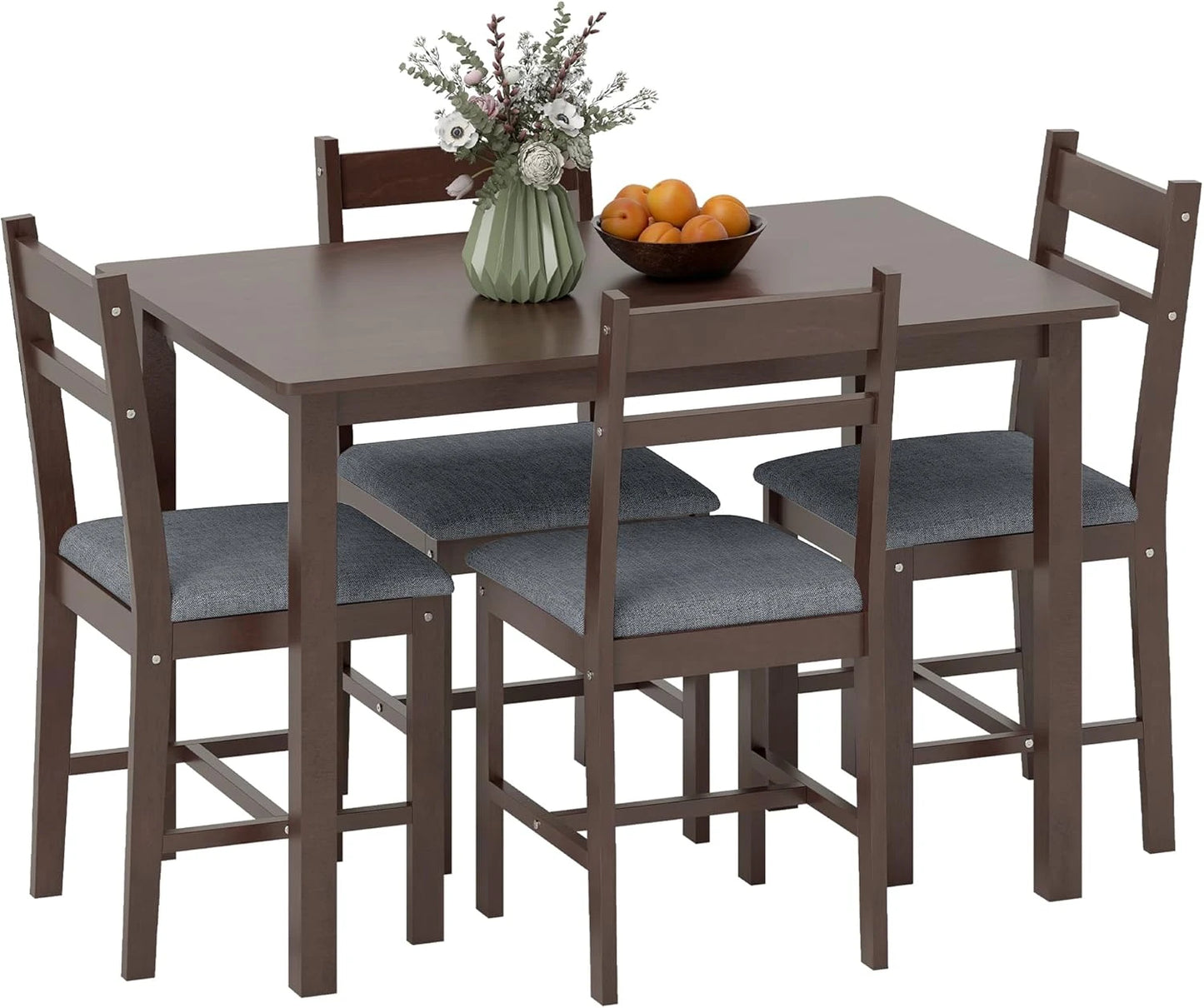 Farmhouse Five Piece Solid Wood Dining Set With Upholstered Chairs