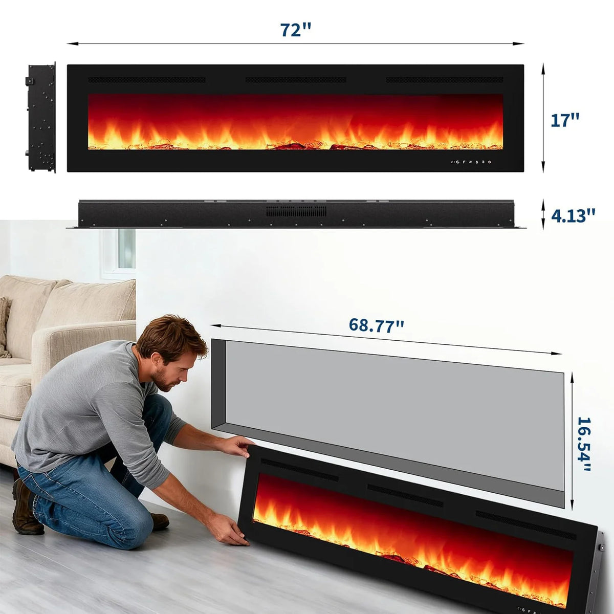 Adoolla Wall Mounted Recessed Electric Fireplace With Remote Control