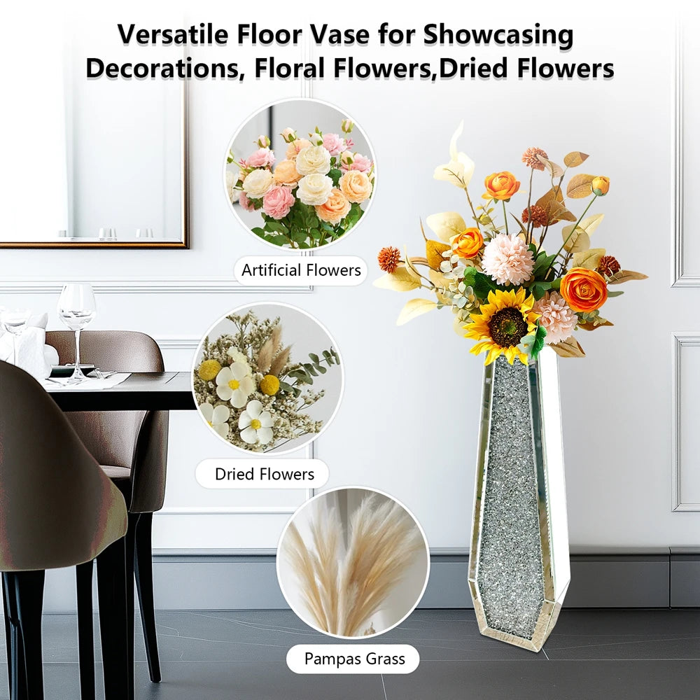 Luxury Crushed Diamond Mirrored Glass Floor Flower Vase