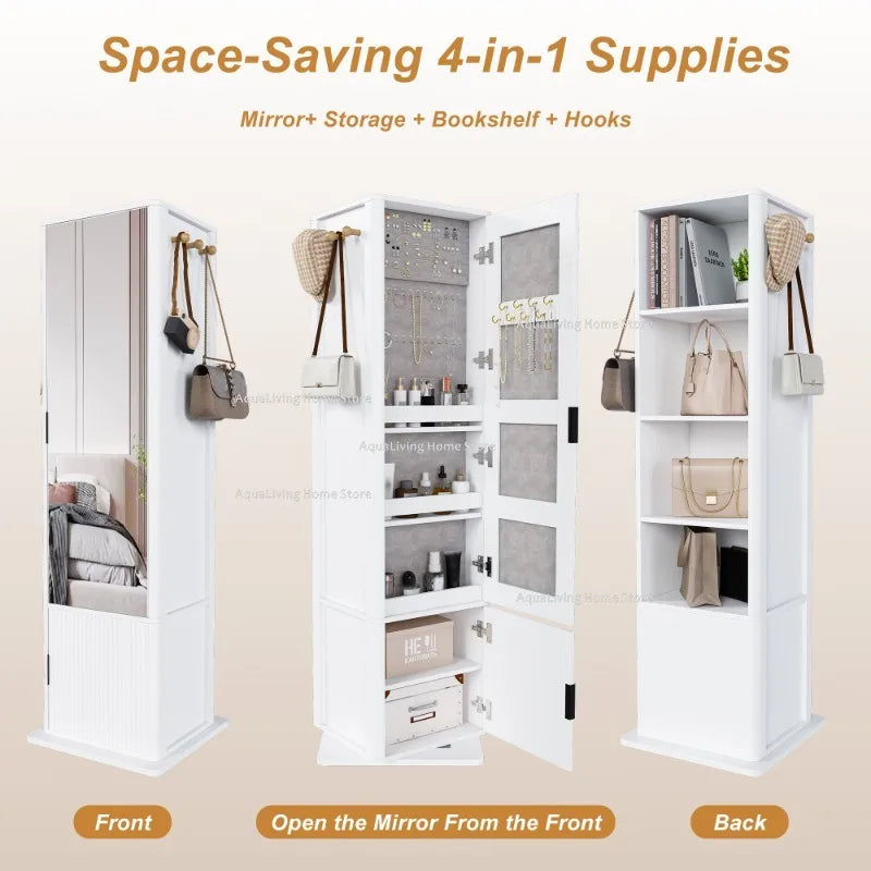 Rotating Mirror Jewelry Storage Cabinet With Shelves