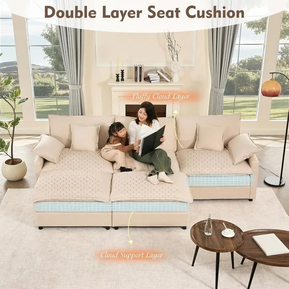 Modular Sectional Sofa Set With Movable Ottoman And Deep Seats