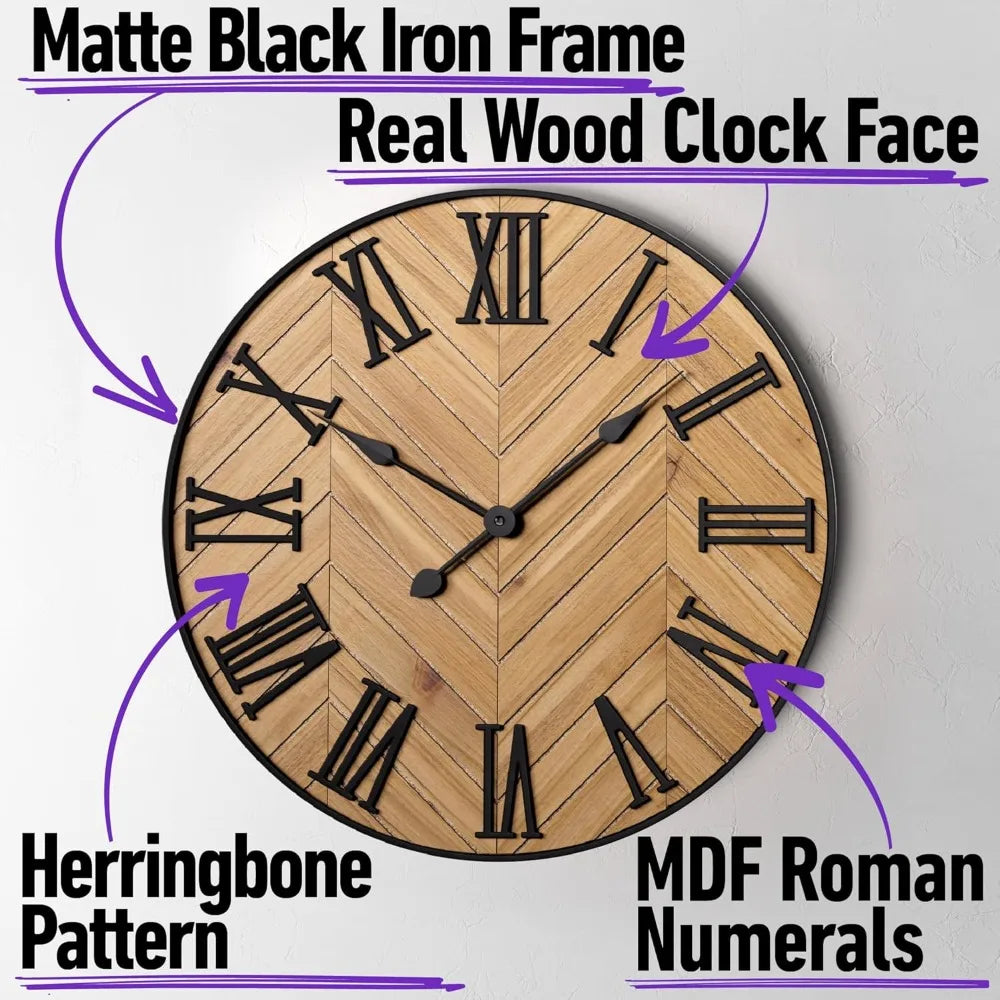 Farmhouse Wall Clock Silent Metal And Wood Living Room Decor