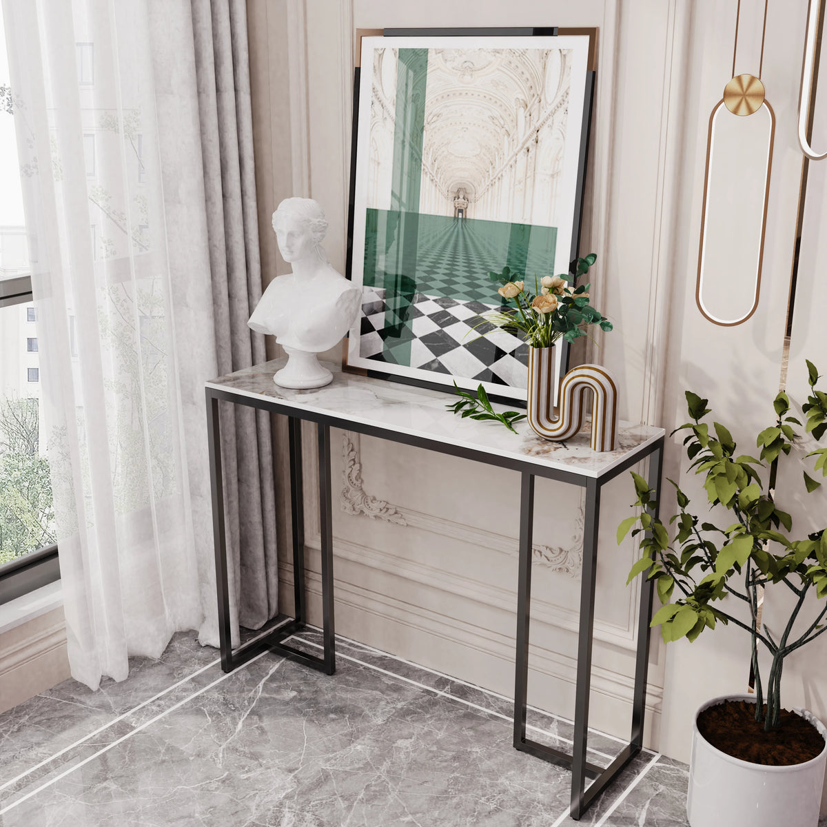 Modern Marble Console Table With Metal Frame For Entryway