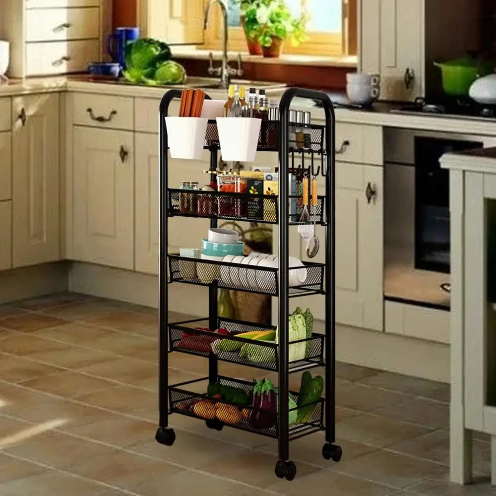 Five Tier Stackable Metal Mesh Fruit and Vegetable Storage Basket with Wheels
