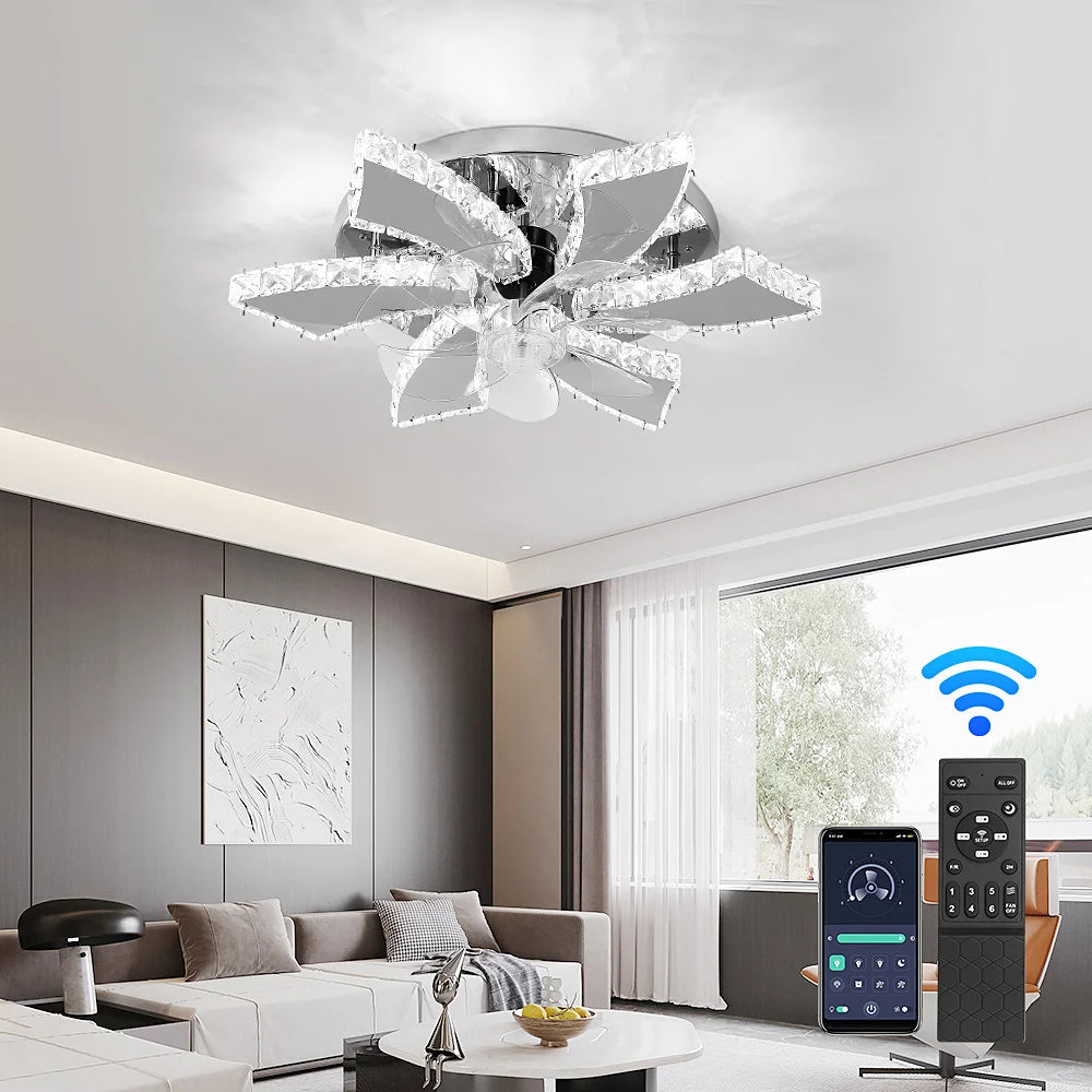 VETRULUS Modern Crystal LED Ceiling Fan Chandelier Smart Remote
