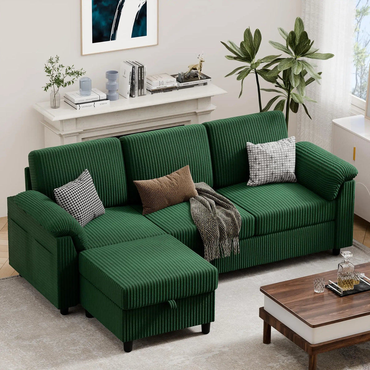 L-Shaped Convertible Sofa With Storage Ottoman And Side Pocket