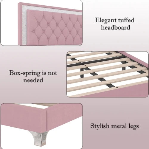 Queen Size Upholstered Platform Bed With LED Lights And Nightstands
